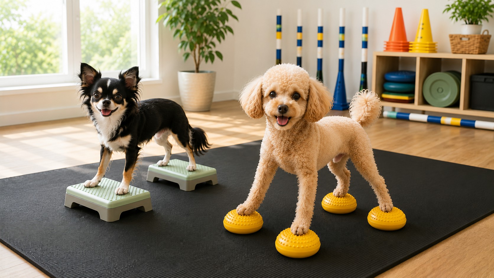 フィットネスルームで過ごす小さな犬たち