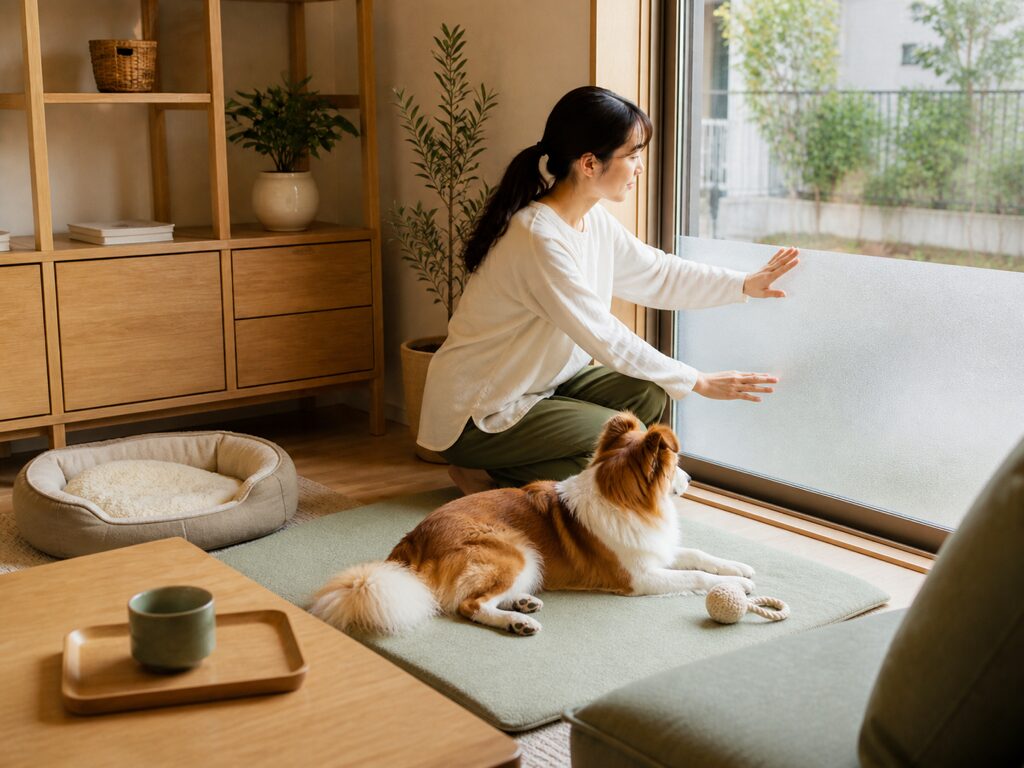 犬が落ち着けるよう窓の環境を整える様子