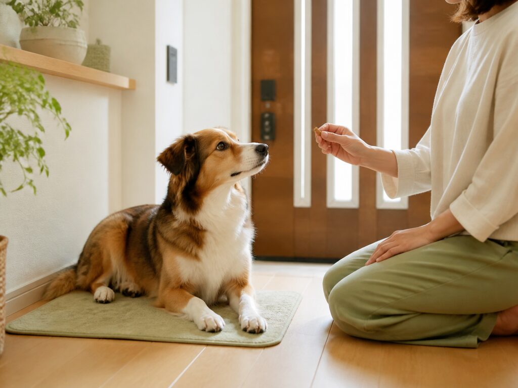 吠える代わりにマットで休む犬