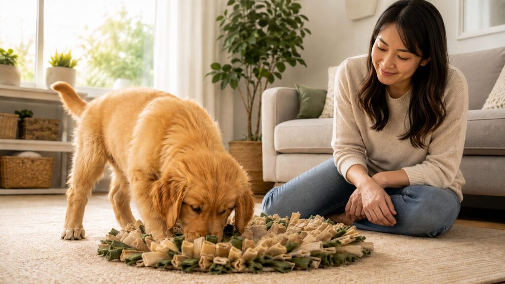 ノーズワークをする子犬と見守る飼い主