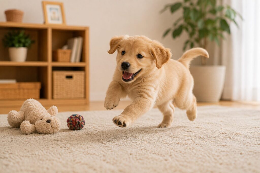 カーペットの上で遊ぶ子犬