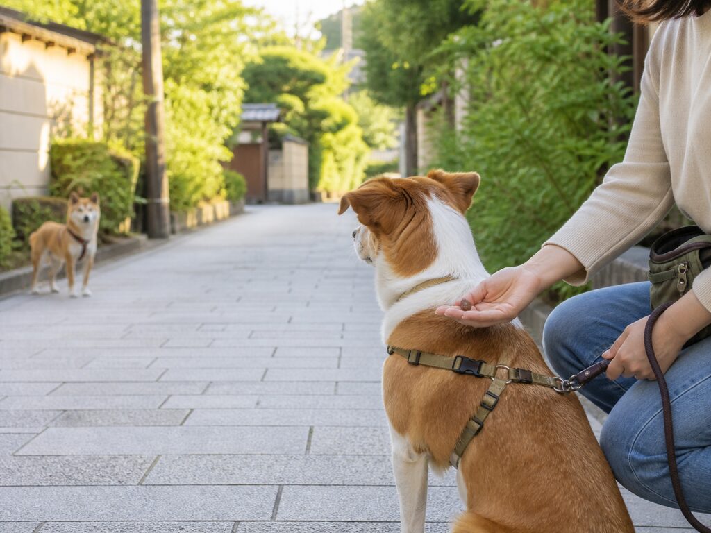 落ち着いている犬にトリーツを与える様子