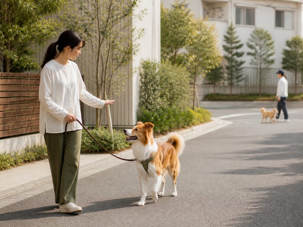 散歩中にほかの犬から距離を取る様子