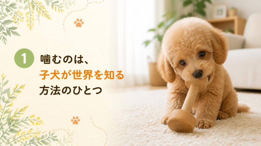 おもちゃを噛んで確かめる子犬
