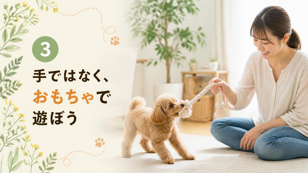 ロープのおもちゃで飼い主と遊ぶ子犬