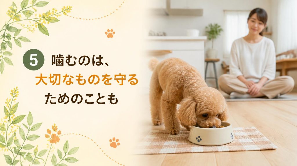 ごはんを食べる子犬と、離れて見守る飼い主