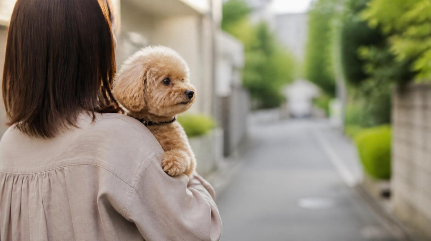 飼い主に抱っこされて外の様子を眺めるトイプードル（抱っこ散歩）