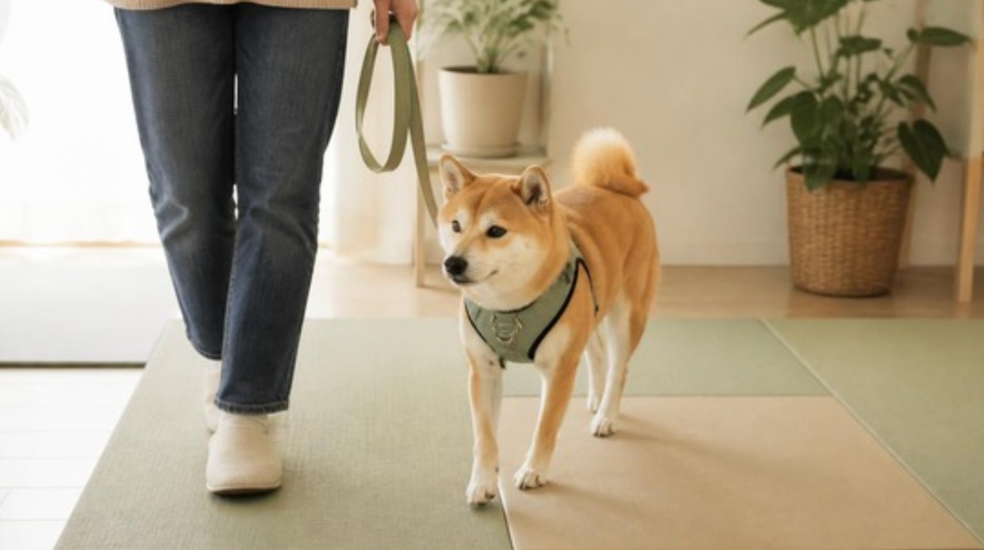 室内でハーネスを着けて飼い主と歩く練習をする柴犬