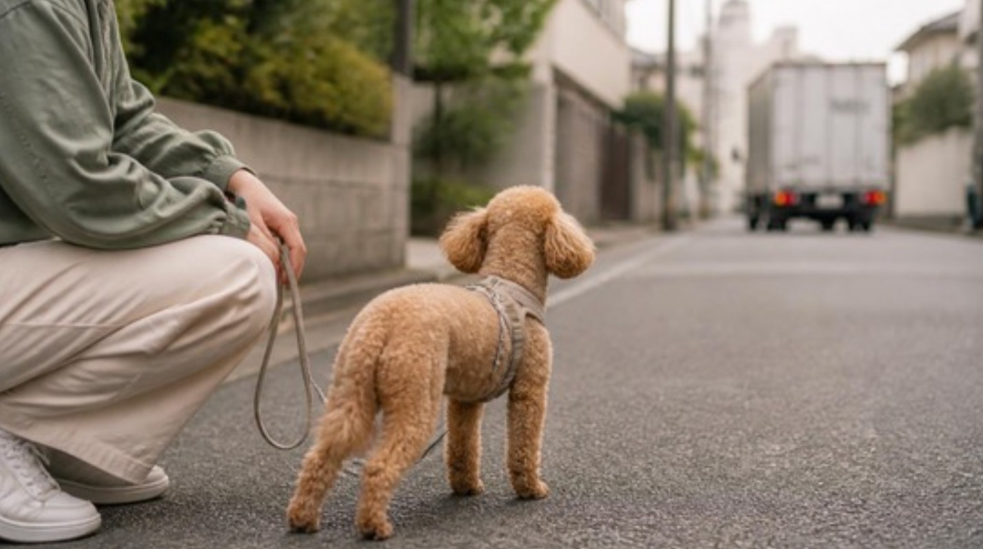 散歩中に車を怖がって立ち止まるトイプードルと、しゃがんで見守る飼い主