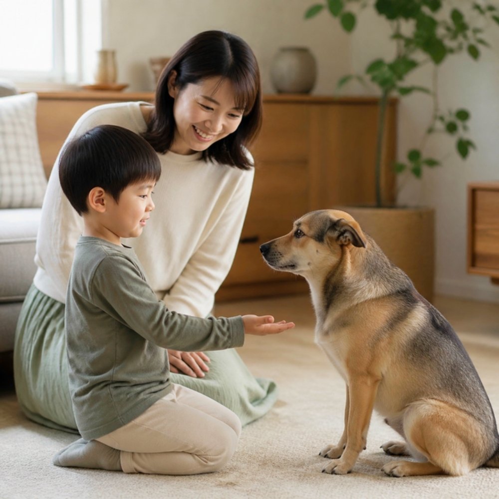 家族で一緒に犬と学ぶトレーニングの様子