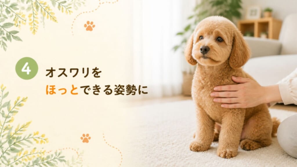 落ち着いて座る犬と、やさしくほめる飼い主